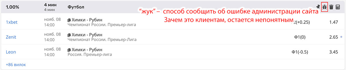 Интерфейс сканера бк вилок Fork.bet